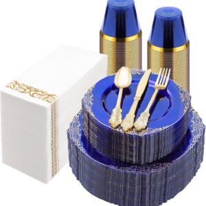 1 350PCS Clear Blue Plastic Plates for 50 Guests, Disposable Plates with Gold Trim include 50 Dinner and Dessert Plates, 150 Gold Silverware, 50 Cups, 50 Napkins for Party, Wedding & Graduation