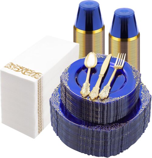 1 350PCS Clear Blue Plastic Plates for 50 Guests, Disposable Plates with Gold Trim include 50 Dinner and Dessert Plates, 150 Gold Silverware, 50 Cups, 50 Napkins for Party, Wedding & Graduation